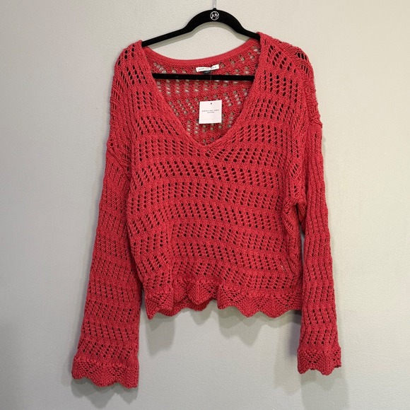 American Eagle Outfitters Sweaters - American Eagle Women M Coral Pink Crochet Open Knit V-Neck boho Sweater‎ NEW